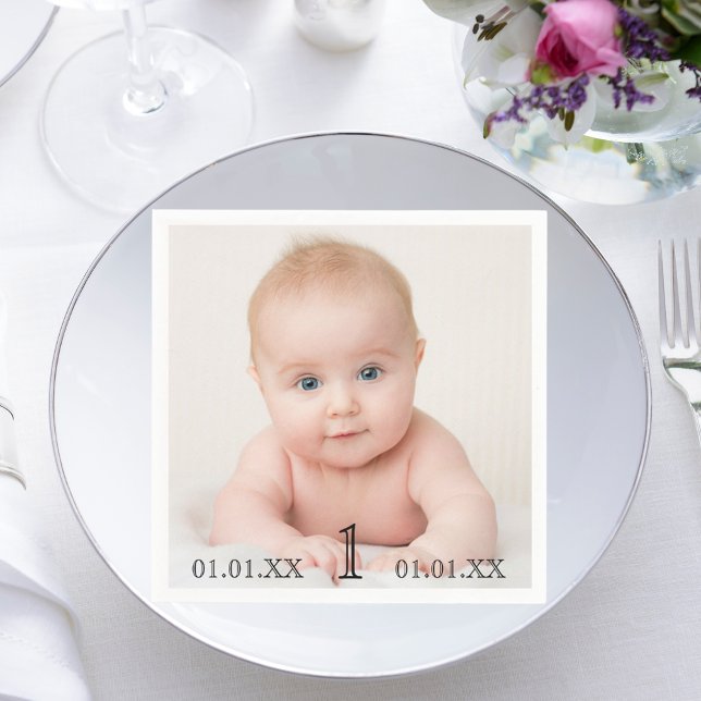 1st birthday party baby photo date age napkin (Creator Uploaded)
