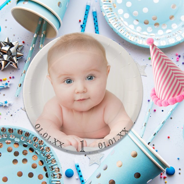 1st birthday party baby photo date age paper plate (Creator Uploaded)