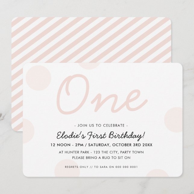 1st BIRTHDAY PARTY baby pink girl ONE polka dots Invitation (Front/Back)