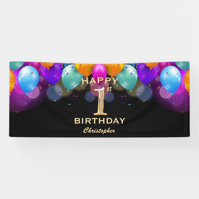 1st Birthday Party Black and Gold Balloons Banner (Horizontal)