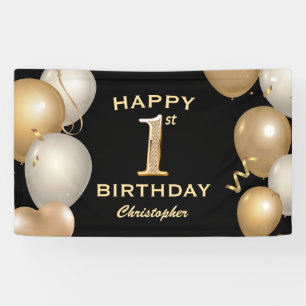 1st Birthday Party Black and Gold Balloons Banner