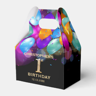 1st Birthday Party Black and Gold Balloons Favour Box