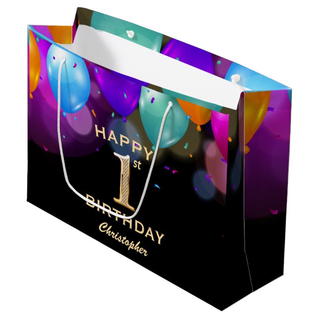 1st Birthday Party Black and Gold Balloons Large Gift Bag (Front Angled)