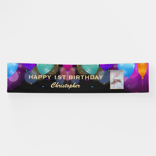 1st Birthday Party Black and Gold Balloons Photo Banner (Horizontal)