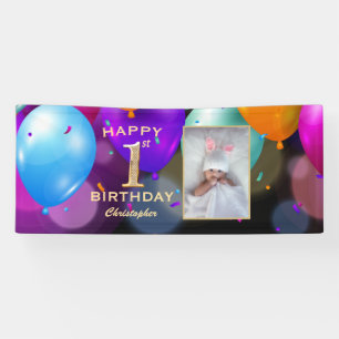 1st Birthday Party Black and Gold Balloons Photo Banner