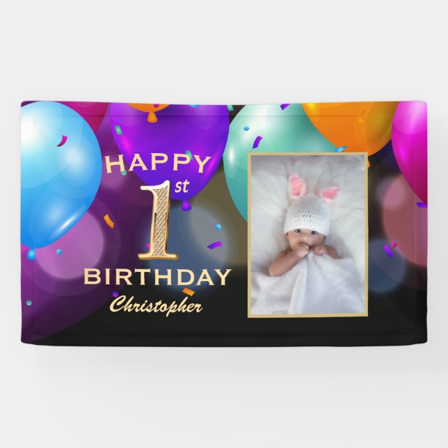 1st Birthday Party Black and Gold Balloons Photo Banner (Horizontal)