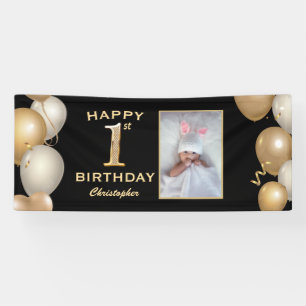 1st Birthday Party Black and Gold Balloons Photo Banner