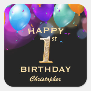 1st Birthday Party Black and Gold Balloons Square Sticker