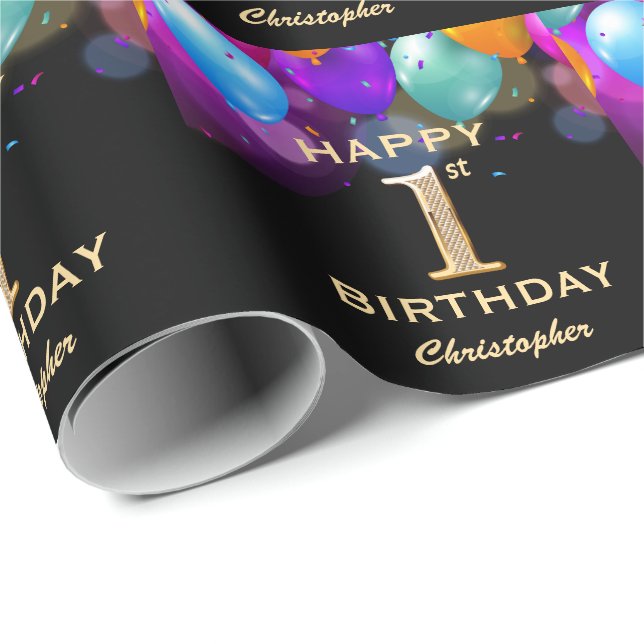 1st Birthday Party Black and Gold Balloons Wrapping Paper (Roll Corner)