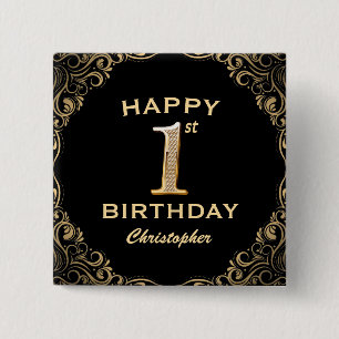 1st Birthday Party Black and Gold Glitter Frame 15 Cm Square Badge