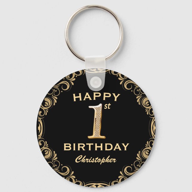 1st Birthday Party Black and Gold Glitter Frame Key Ring (Front)