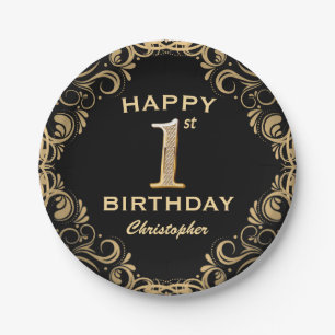 1st Birthday Party Black and Gold Glitter Frame Paper Plate