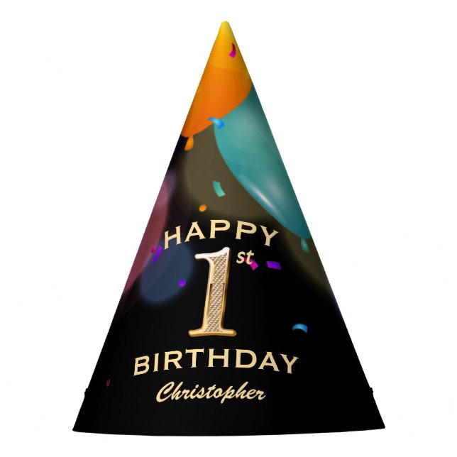 1st Birthday Party Black and Gold Party Hat (Front)