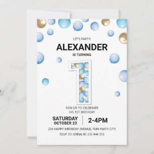 1st Birthday Party, Blue and Gold Balloon Boy Invitation