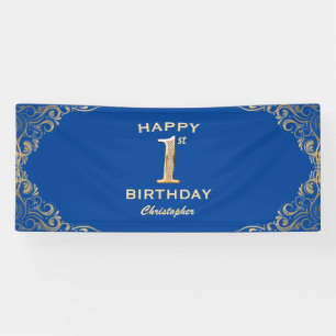 1st Birthday Party Blue and Gold Glitter Frame Banner