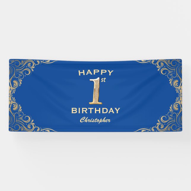 1st Birthday Party Blue and Gold Glitter Frame Banner (Horizontal)