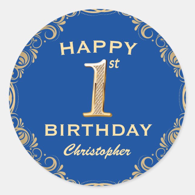 1st Birthday Party Blue and Gold Glitter Frame Classic Round Sticker (Front)