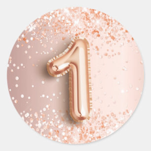 1st birthday party blush rose gold classic round sticker