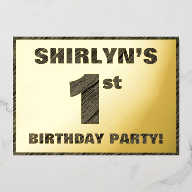 1st Birthday Party — Bold, Faux Wood Grain Text (Front)