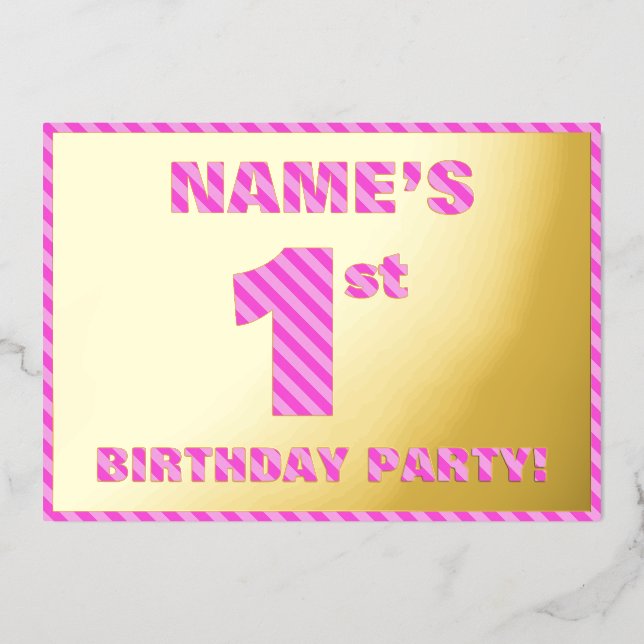 1st Birthday Party — Bold, Fun, Pink Stripes # 1 (Front)