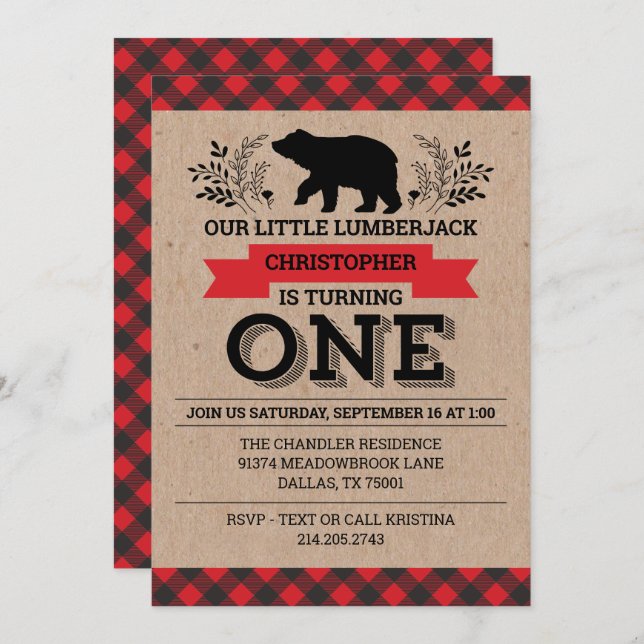 1st Birthday Party Buffalo Plaid Lumberjack Invitation (Front/Back)