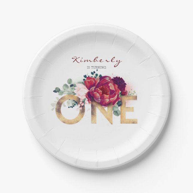 1st Birthday Party Burgundy Red Flowers Paper Plate (Front)