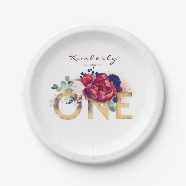 1st Birthday Party Burgundy Red Flowers Paper Plate (Front)