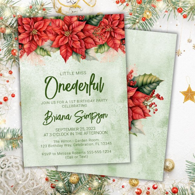 1st Birthday Party Christmas Poinsettia Floral Invitation (Creator Uploaded)