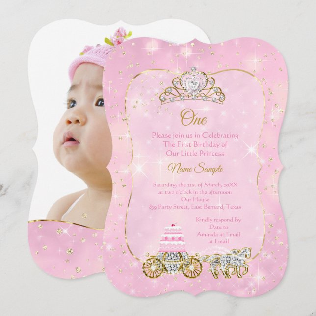 1st birthday Party Cinderella Pink Carriage Cake Invitation (Front/Back)
