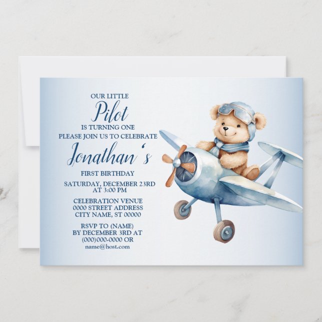 1st Birthday Party Cute Blue Bear Pilot Beautiful Invitation (Front)