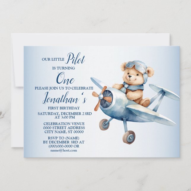 1st Birthday Party Cute Blue Bear Pilot Beautiful Invitation (Front)