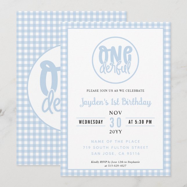 1st Birthday Party Cute Onederful Pastel Blue Invitation (Front/Back)