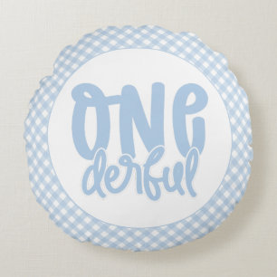 1st Birthday Party Cute Pastel Blue Onederful Round Cushion