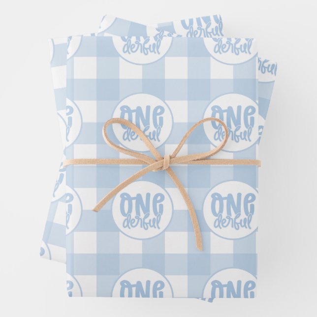 1st Birthday Party Cute Pastel Blue Onederful Wrapping Paper Sheet (In situ)