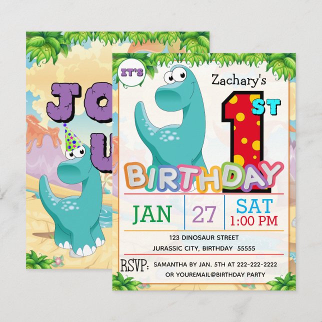 1st Birthday Party Dinosaur Invitation (Front/Back)