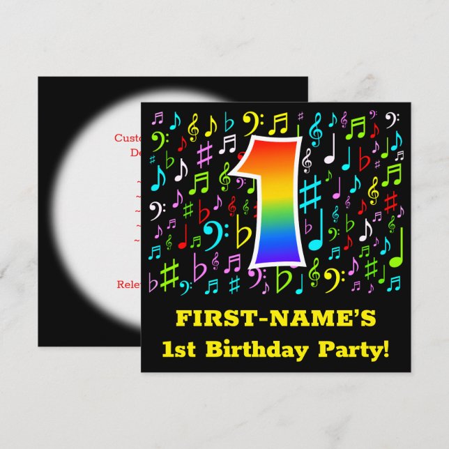 1st Birthday Party: Fun Music Symbols, Rainbow 1 Invitation (Front/Back)