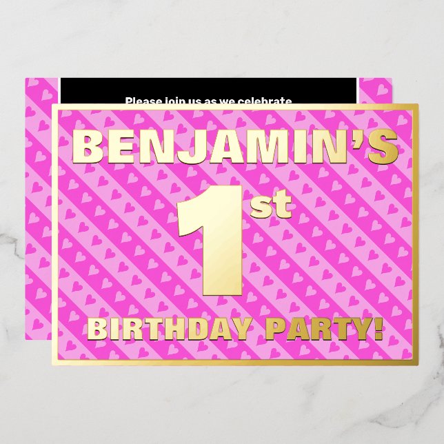 1st Birthday Party — Fun Pink Hearts and Stripes (Front/Back)