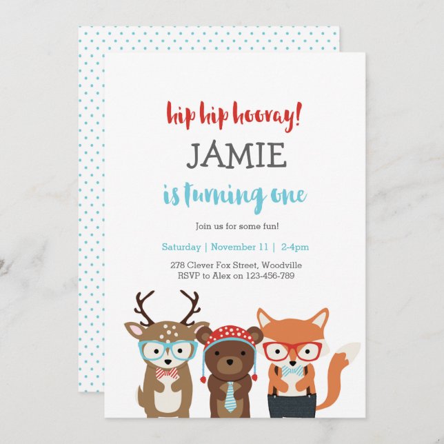 1st Birthday Party | Fun Woodland animals Invitation (Front/Back)