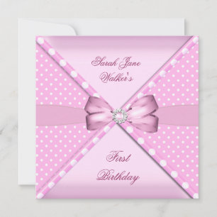 1st Birthday Party Girl Pink White Polka Dot Invitation