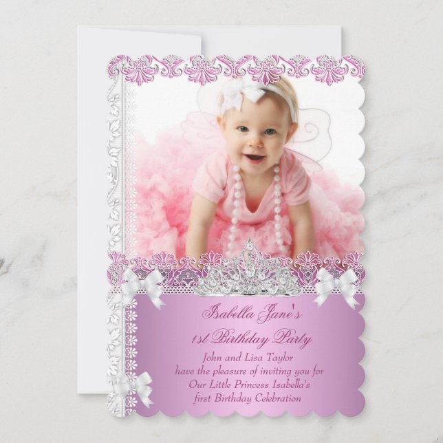 1st Birthday Party Girl Princess Pink Photo First Invitation (Front)