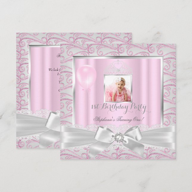 1st Birthday Party Girls Pink Diamonds Tiara Invitation (Front/Back)