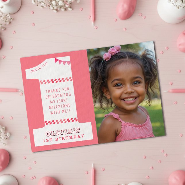 1st Birthday Party Girls Pink One Photo Thank You Card (1st Birthday Party Girls Pink One Photo Thank You Card
)