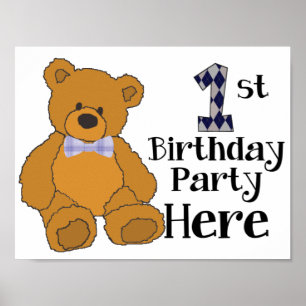 1st Birthday Party Here Poster with Bow Tie Bear