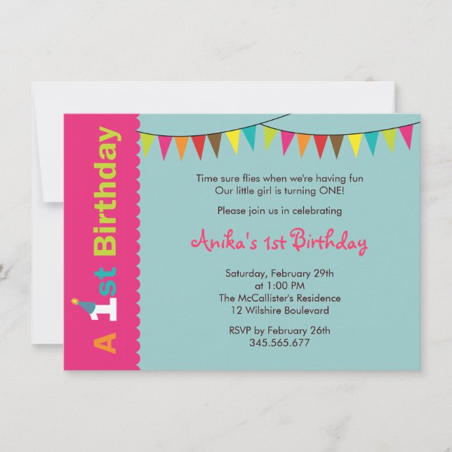 1st Birthday Party Invitation for Girls (Front)