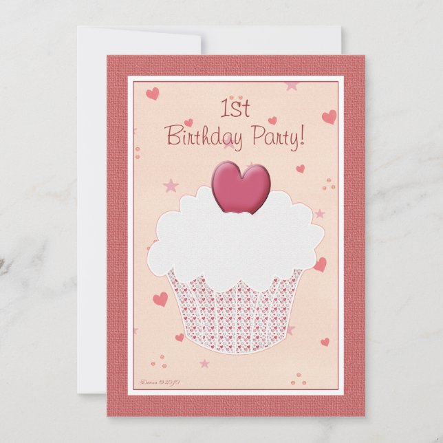 1st Birthday Party Invitation - Heart Cupcake (Front)