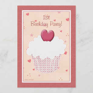 1st Birthday Party Invitation - Heart Cupcake
