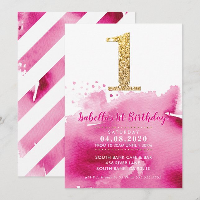 1ST BIRTHDAY PARTY INVITE modern gold glitter pink (Front/Back)