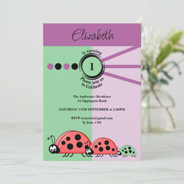 1st Birthday party ladybugs green purple celebrate Invitation (Standing Front)