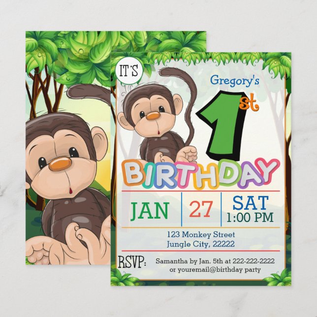 1st Birthday Party Monkey Invitation (Front/Back)