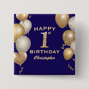 1st Birthday Party Navy Blue and Gold Balloons 15 Cm Square Badge